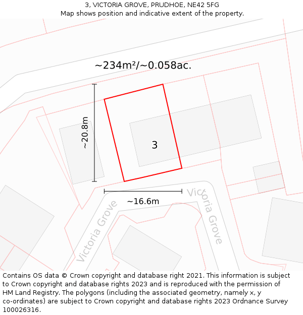 3, VICTORIA GROVE, PRUDHOE, NE42 5FG: Plot and title map