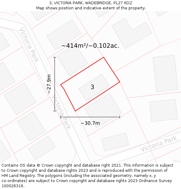 3, VICTORIA PARK, WADEBRIDGE, PL27 6DZ: Plot and title map