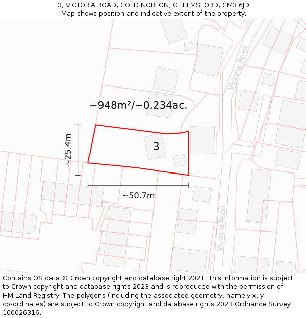 3, VICTORIA ROAD, COLD NORTON, CHELMSFORD, CM3 6JD: Plot and title map