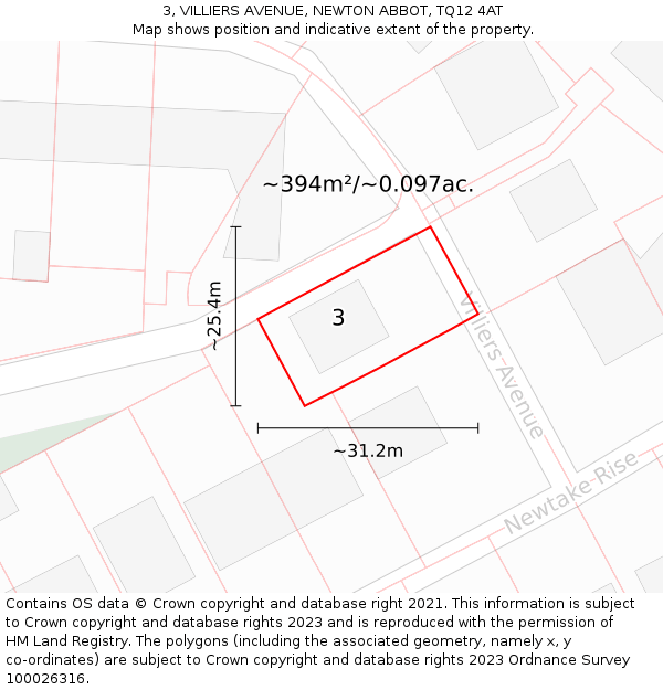 3, VILLIERS AVENUE, NEWTON ABBOT, TQ12 4AT: Plot and title map