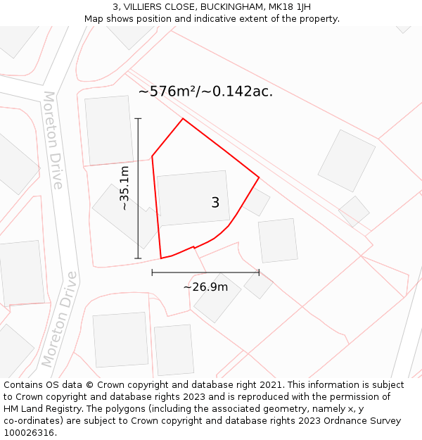 3, VILLIERS CLOSE, BUCKINGHAM, MK18 1JH: Plot and title map