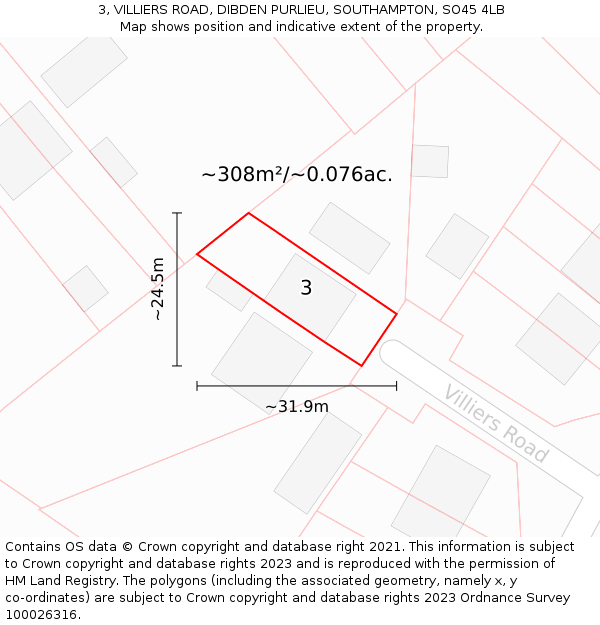 3, VILLIERS ROAD, DIBDEN PURLIEU, SOUTHAMPTON, SO45 4LB: Plot and title map