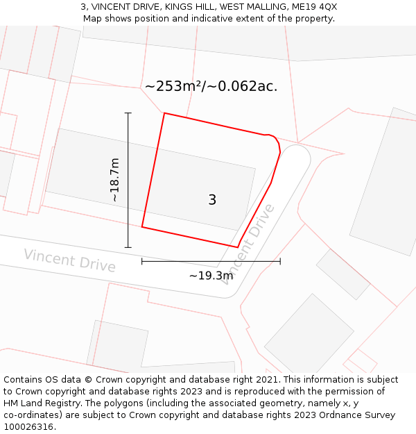 3, VINCENT DRIVE, KINGS HILL, WEST MALLING, ME19 4QX: Plot and title map