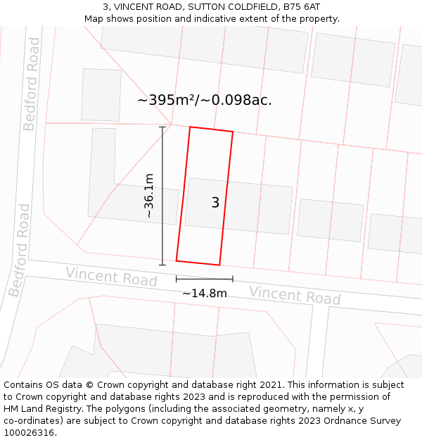 3, VINCENT ROAD, SUTTON COLDFIELD, B75 6AT: Plot and title map