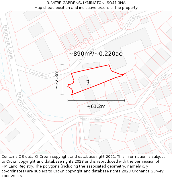 3, VITRE GARDENS, LYMINGTON, SO41 3NA: Plot and title map