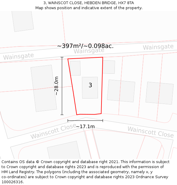 3, WAINSCOT CLOSE, HEBDEN BRIDGE, HX7 8TA: Plot and title map