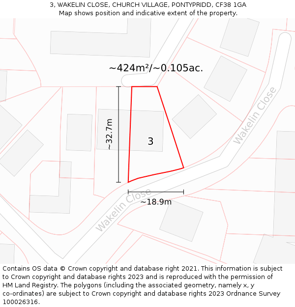 3, WAKELIN CLOSE, CHURCH VILLAGE, PONTYPRIDD, CF38 1GA: Plot and title map