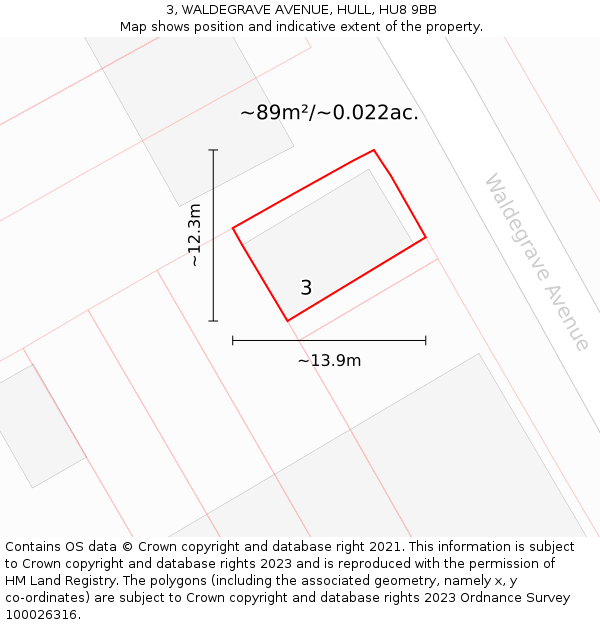 3, WALDEGRAVE AVENUE, HULL, HU8 9BB: Plot and title map