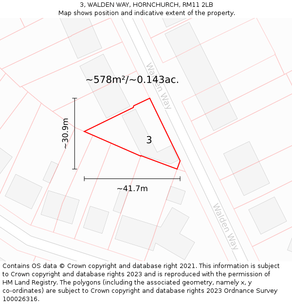 3, WALDEN WAY, HORNCHURCH, RM11 2LB: Plot and title map