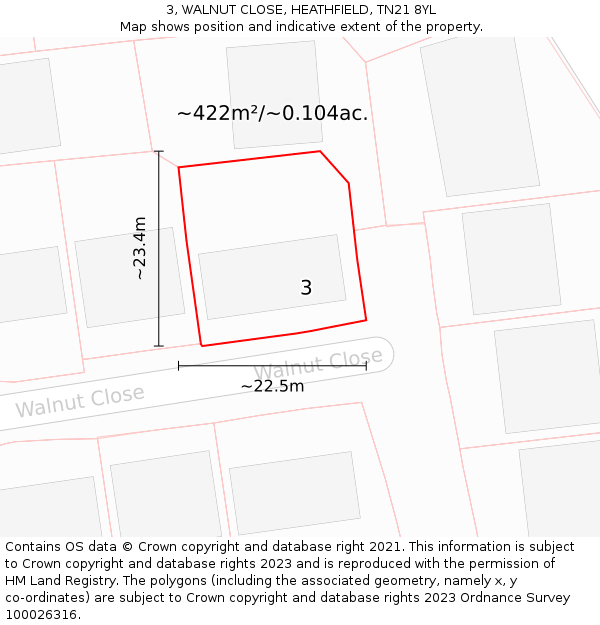 3, WALNUT CLOSE, HEATHFIELD, TN21 8YL: Plot and title map