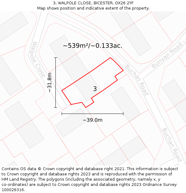 3, WALPOLE CLOSE, BICESTER, OX26 2YF: Plot and title map