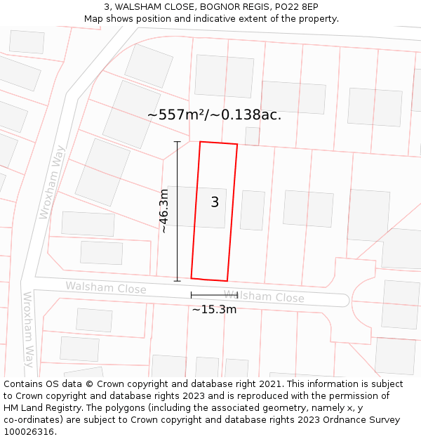 3, WALSHAM CLOSE, BOGNOR REGIS, PO22 8EP: Plot and title map