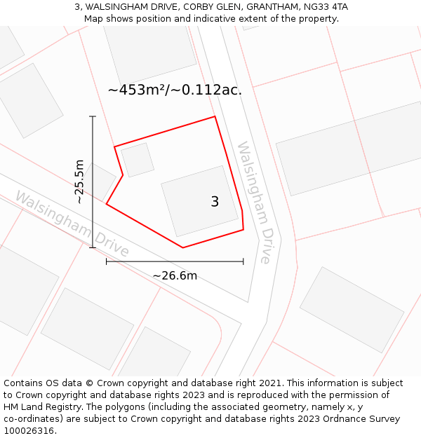 3, WALSINGHAM DRIVE, CORBY GLEN, GRANTHAM, NG33 4TA: Plot and title map