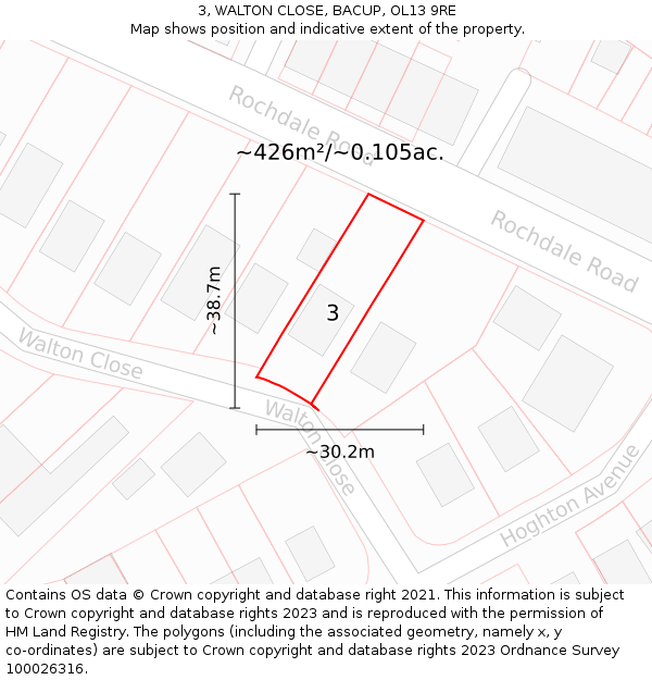3, WALTON CLOSE, BACUP, OL13 9RE: Plot and title map