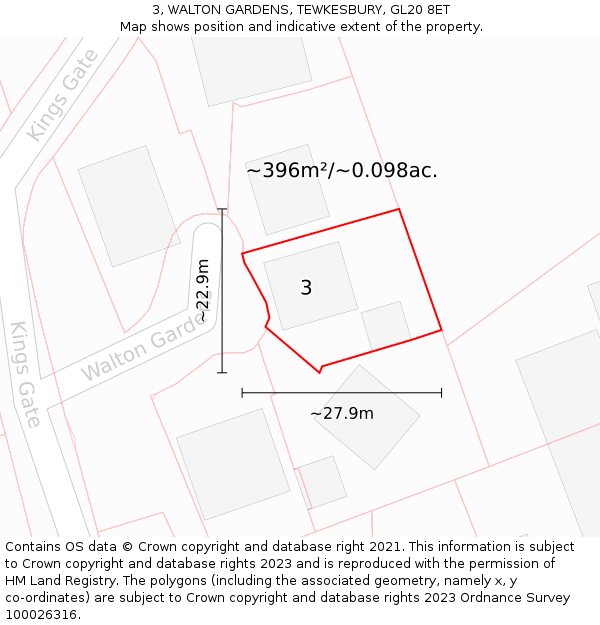 3, WALTON GARDENS, TEWKESBURY, GL20 8ET: Plot and title map