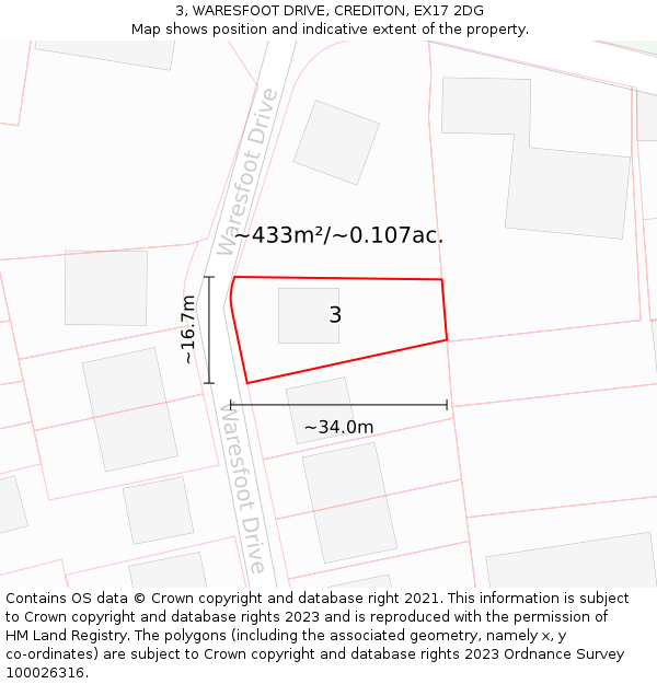 3, WARESFOOT DRIVE, CREDITON, EX17 2DG: Plot and title map