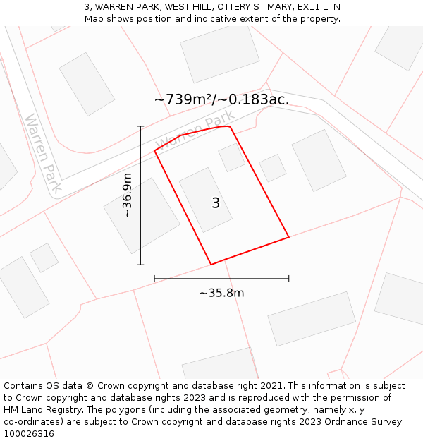 3, WARREN PARK, WEST HILL, OTTERY ST MARY, EX11 1TN: Plot and title map