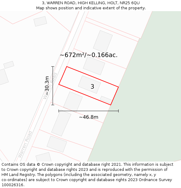 3, WARREN ROAD, HIGH KELLING, HOLT, NR25 6QU: Plot and title map