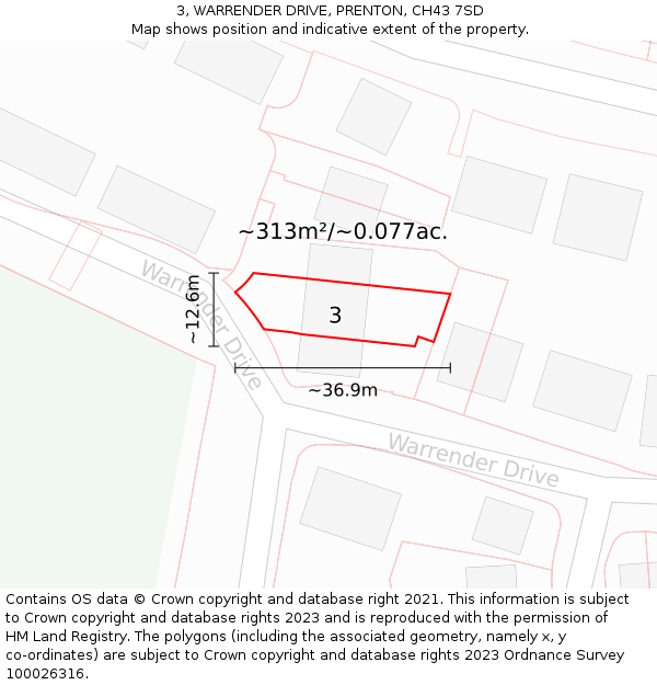 3, WARRENDER DRIVE, PRENTON, CH43 7SD: Plot and title map