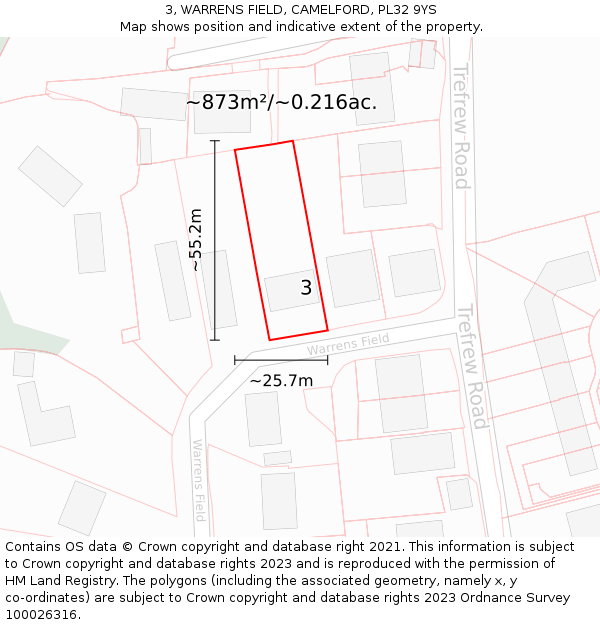 3, WARRENS FIELD, CAMELFORD, PL32 9YS: Plot and title map