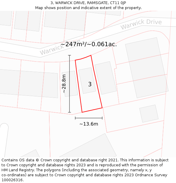 3, WARWICK DRIVE, RAMSGATE, CT11 0JP: Plot and title map