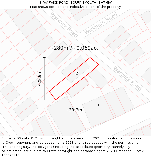 3, WARWICK ROAD, BOURNEMOUTH, BH7 6JW: Plot and title map