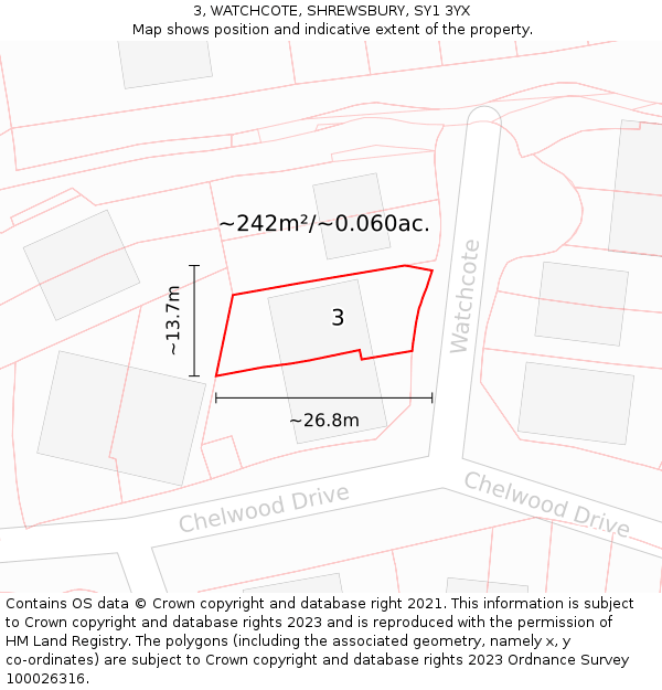 3, WATCHCOTE, SHREWSBURY, SY1 3YX: Plot and title map