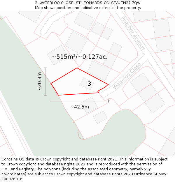 3, WATERLOO CLOSE, ST LEONARDS-ON-SEA, TN37 7QW: Plot and title map
