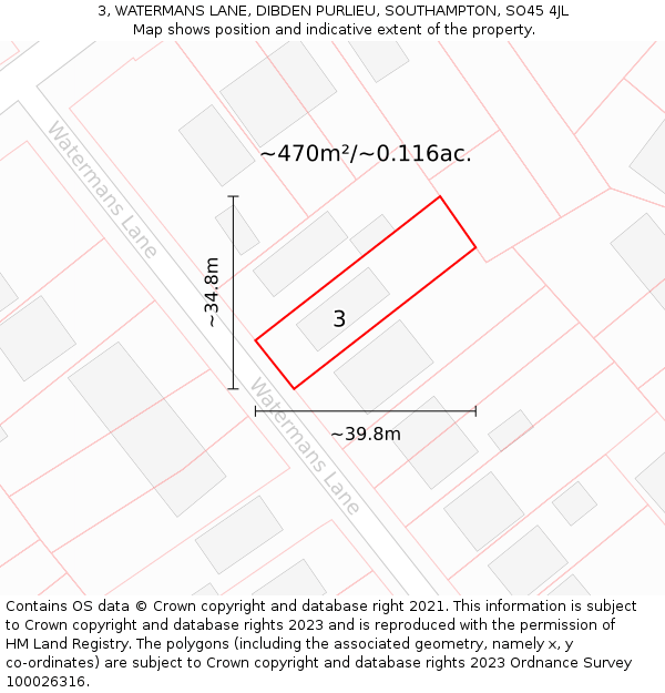 3, WATERMANS LANE, DIBDEN PURLIEU, SOUTHAMPTON, SO45 4JL: Plot and title map
