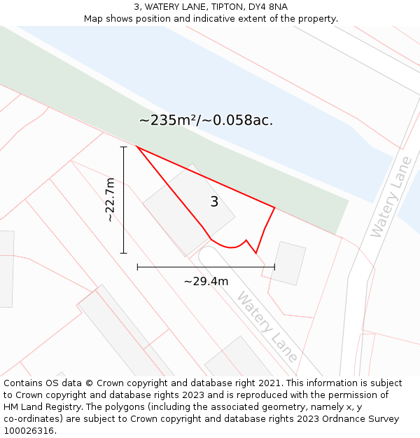 3, WATERY LANE, TIPTON, DY4 8NA: Plot and title map