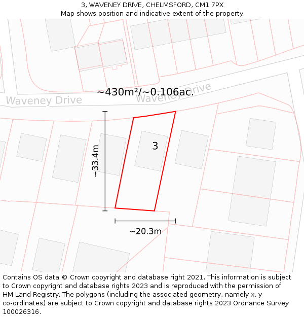 3, WAVENEY DRIVE, CHELMSFORD, CM1 7PX: Plot and title map