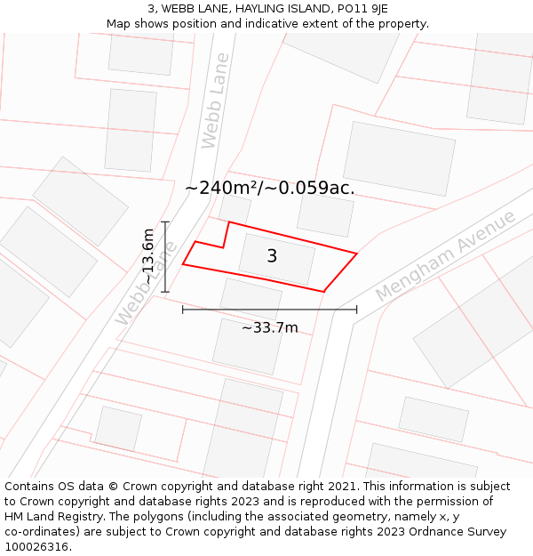 3, WEBB LANE, HAYLING ISLAND, PO11 9JE: Plot and title map