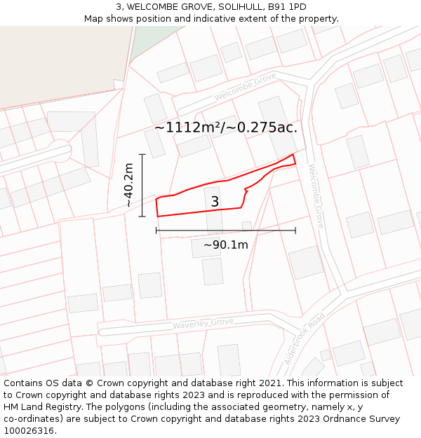 3, WELCOMBE GROVE, SOLIHULL, B91 1PD: Plot and title map