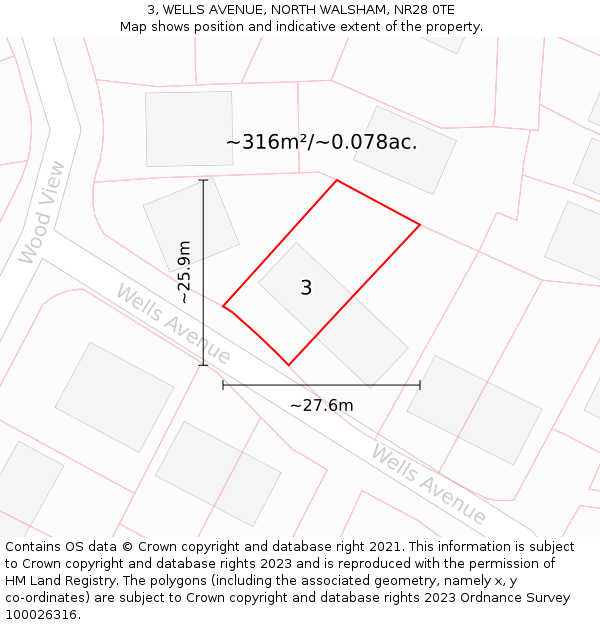 3, WELLS AVENUE, NORTH WALSHAM, NR28 0TE: Plot and title map