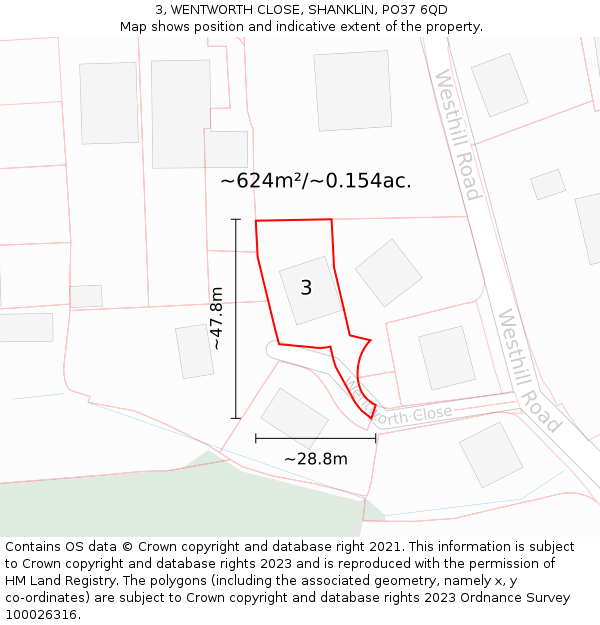 3, WENTWORTH CLOSE, SHANKLIN, PO37 6QD: Plot and title map