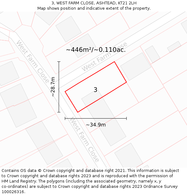 3, WEST FARM CLOSE, ASHTEAD, KT21 2LH: Plot and title map