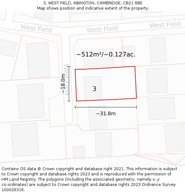 3, WEST FIELD, ABINGTON, CAMBRIDGE, CB21 6BE: Plot and title map