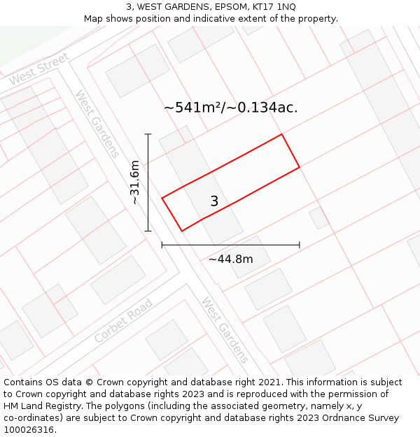 3, WEST GARDENS, EPSOM, KT17 1NQ: Plot and title map