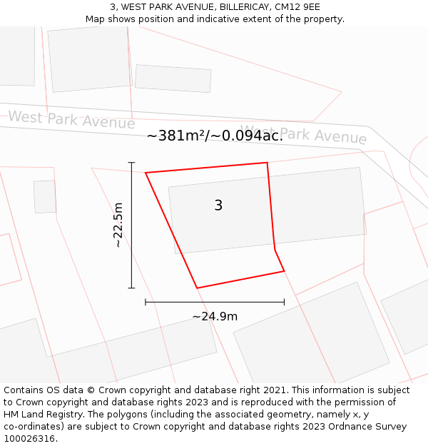 3, WEST PARK AVENUE, BILLERICAY, CM12 9EE: Plot and title map
