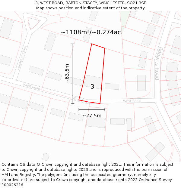 3, WEST ROAD, BARTON STACEY, WINCHESTER, SO21 3SB: Plot and title map