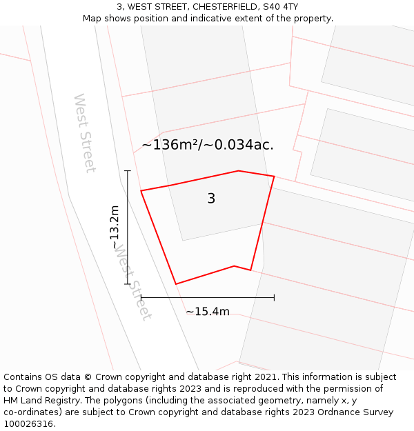 3, WEST STREET, CHESTERFIELD, S40 4TY: Plot and title map