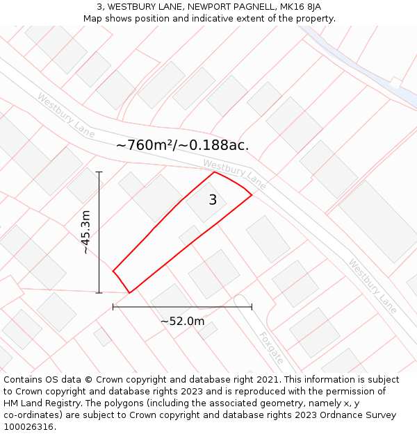 3, WESTBURY LANE, NEWPORT PAGNELL, MK16 8JA: Plot and title map