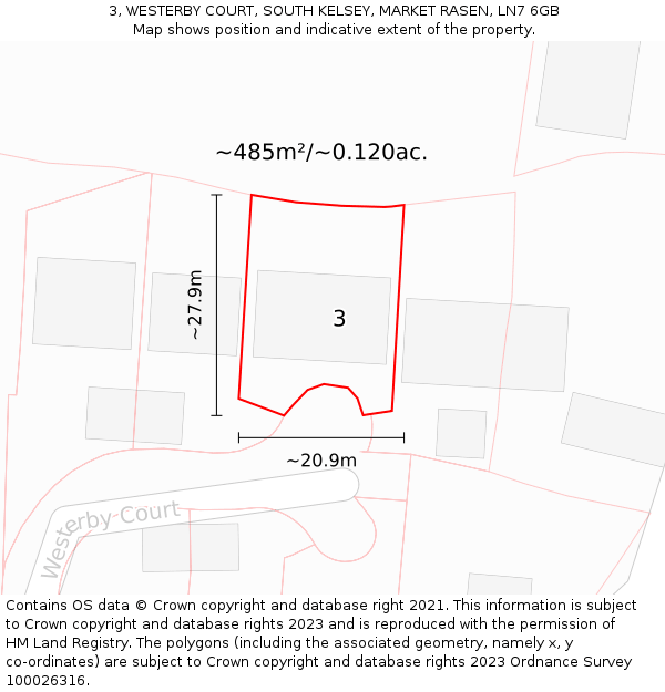 3, WESTERBY COURT, SOUTH KELSEY, MARKET RASEN, LN7 6GB: Plot and title map