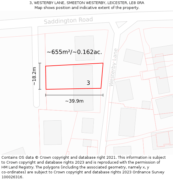 3, WESTERBY LANE, SMEETON WESTERBY, LEICESTER, LE8 0RA: Plot and title map