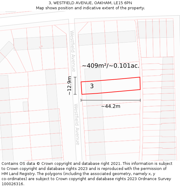 3, WESTFIELD AVENUE, OAKHAM, LE15 6PN: Plot and title map