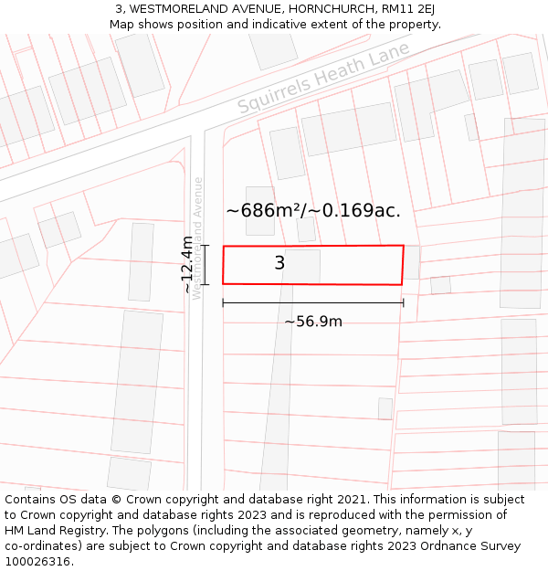 3, WESTMORELAND AVENUE, HORNCHURCH, RM11 2EJ: Plot and title map