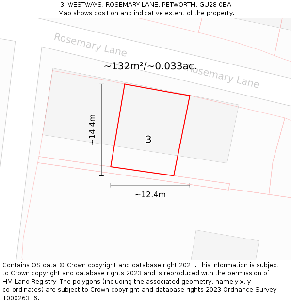 3, WESTWAYS, ROSEMARY LANE, PETWORTH, GU28 0BA: Plot and title map