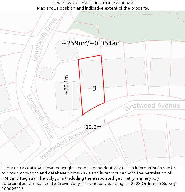 3, WESTWOOD AVENUE, HYDE, SK14 3AZ: Plot and title map