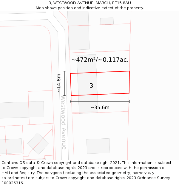 3, WESTWOOD AVENUE, MARCH, PE15 8AU: Plot and title map