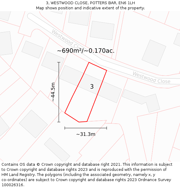 3, WESTWOOD CLOSE, POTTERS BAR, EN6 1LH: Plot and title map